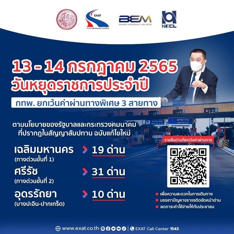 กทพ. ระบุ วันที่ 13-14 ก.ค.นี้ ยกเว้นค่าผ่านทางพิเศษ 3 สายทาง 60 ด่าน อำนวยความสะดวกช่วง วันหยุดยาว