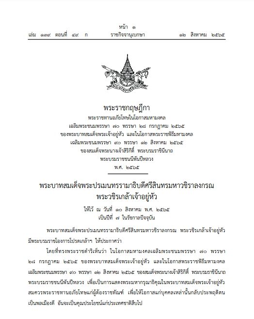 โปรดเกล้าฯ พระราชกฤษฎีกา พระราชทานอภัยโทษ เนื่องในโอกาสมหามงคล