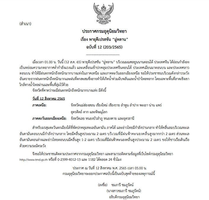 กรมอุตุฯ ประกาศฉบับที่ 12 เป็นฉบับสุดท้าย เตือนพายุดีเปรสชัน "มู่หลาน" ฝนถล่มหนักภาคเหนือ-ภาคอีสาน