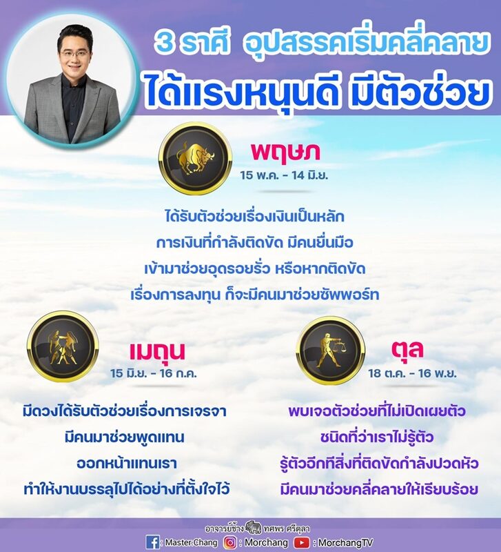 หมอช้าง เผย ดวงชะตา 3 ราศี อุปสรรคเริ่มคลี่คลาย ได้แรงหนุนดี มีตัวช่วย ดูเลย ราศีใดมีคนช่วยเรื่องเงินเป็นหลัก-เจอตัวช่วยที่ไม่เปิดเผยตัว