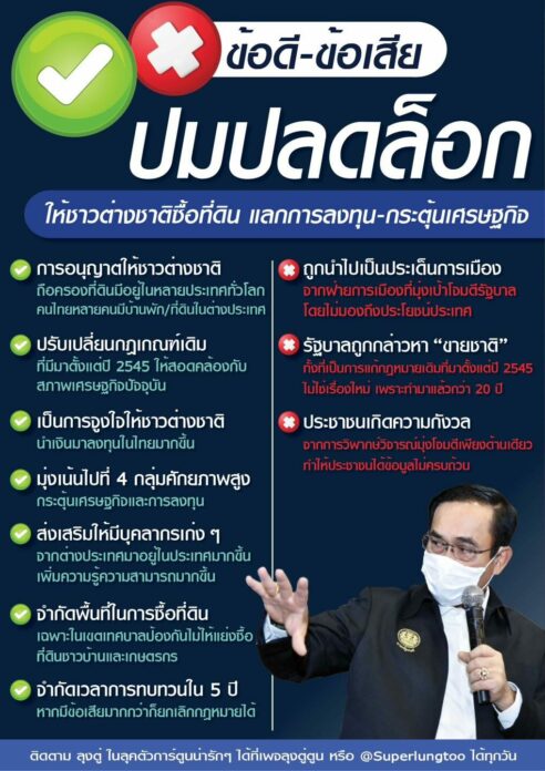 เพจลุงตู่ตูน โพสต์เฟซบุ๊กถึงข้อดี-ข้อเสีย ปมปลดล็อก ให้ชาวต่างชาติซื้อที่ดิน
