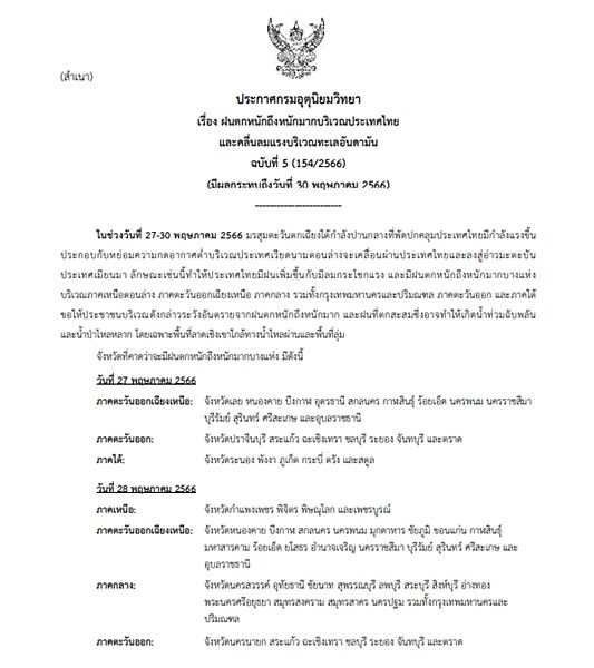 กรมอุตุฯ ประกาศฉบับที่ 5 เตือน ฝนตกหนักถึงหนักมาก ลมกระโชกแรง ขอให้ประชาชนระวังอันตราย