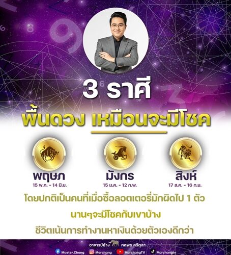 หมอช้าง เปิดดวงชะตา 3 ราศี พื้นดวง เหมือนจะมีโชค เป็นคนที่เมื่อซื้อลอตเตอรี่มักผิดไป 1 ตัว นาน ๆ จะมีโชคกับเขาบ้าง
