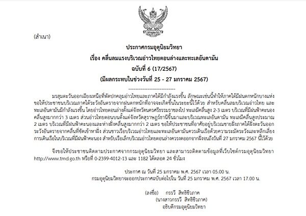 กรมอุตุฯ ประกาศฉบับที่ 6 เตือน มรสุมถล่มภาคใต้ ฝนตกหนักบางแห่ง ขอให้ประชาชนระวังอันตราย คลื่นลมแรง