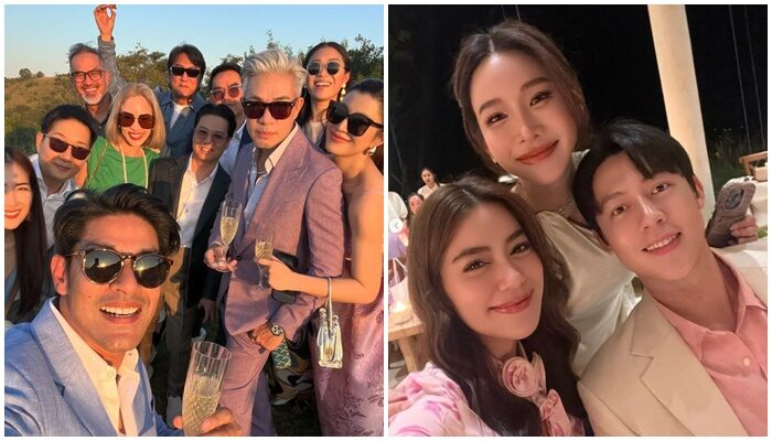 ซ้าย: เอมมี่ มรกต-หนุ่ม จิรยุทธ , ภูริ หิรัญพฤกษ และแก๊งค์เพื่อนๆ / ขวา: หมาก ปริญ -คิมเยอร์ลี และเจ้าสาว