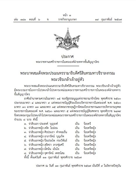 ราชกิจจาฯ เผยแพร่ พระบรมราชโองการ ประกาศ โปรดเกล้าฯ พระราชทานยศข้าราชการในพระองค์ฝ่ายทหารชั้นสัญญาบัตร จำนวน 8 นาย