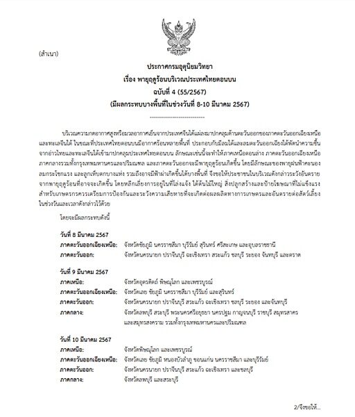 กรมอุตุฯ ประกาศฉบับที่ 4 เตือน พายุฤดูร้อน ถล่มไทยตอนบน ฝนฟ้าคะนอง เผยพื้นที่ได้รับผลกระทบ ลมกระโชกแรง