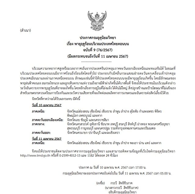 กรมอุตุฯ ประกาศฉบับที่ 9 เตือน พายุฤดูร้อน กระหน่ำต่อเนื่อง เผยจังหวัดไหนโดนบ้าง ฝนถล่มหนัก ลมกระโชกแรง ลูกเห็บตก