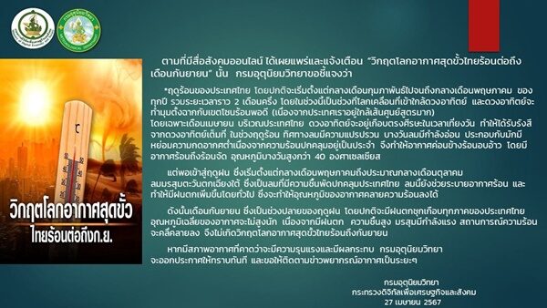 กรมอุตุฯ แจงแล้ว ร้อนถึงเดือนกันยายน จริงมั้ย เผยสาเหตุ หลังแชร์ว่อน วิกฤตโลกอากาศสุดขั้ว