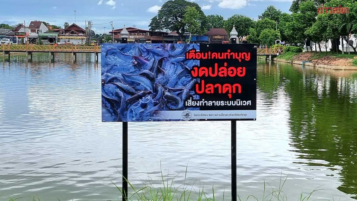 .สายบุญเลิกดื้อ! วัดดังสุโขทัย ติดป้ายเตือน งดปล่อยปลาดุกลงน้ำ ชี้จะได้บาปแทน.