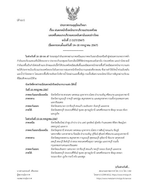 กรมอุตุฯ ประกาศฉบับที่ 2 เปิดชื่อจังหวัด โดนมรสุมกระหน่ำ ฝนตกหนักถึงหนักมาก ระวังอันตราย น้ำท่วมฉับพลันและน้ำป่าไหลหลาก ทะเลมีคลื่นสูง