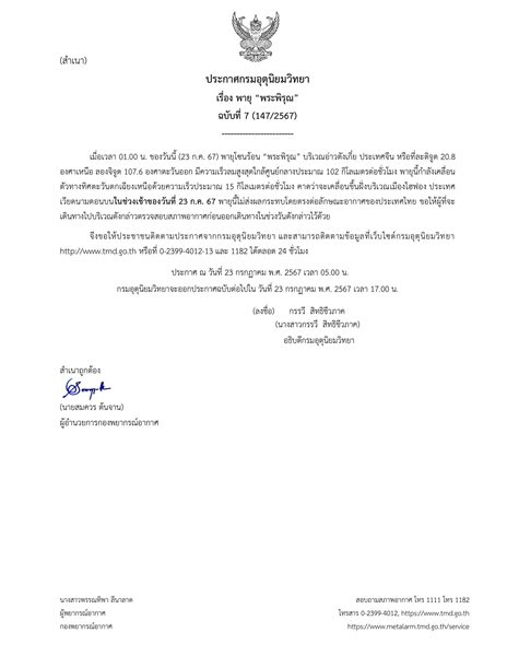 กรมอุตุฯ ประกาศฉบับที่ 7 เตือนฤทธิ์พายุโซนร้อน "พระพิรุณ" เผยความเร็วสูงสุด ขอให้ประชาชนตรวจสอบสภาพอากาศก่อนออกเดินทางด้วย