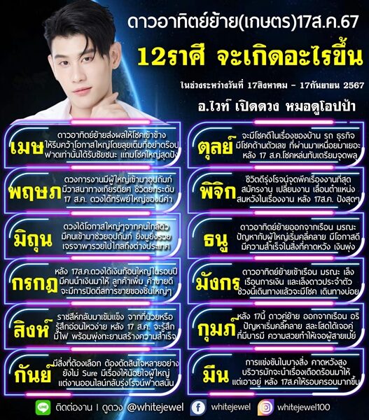 อ.ไวท์ เผย ดาวอาทิตย์ย้าย(เกษตร) 17 ส.ค.นี้ 12 ราศีจะเกิดอะไรขึ้น เผย ราศีใดโชคเข้าข้าง ชีวิตดีรุ่งโรจน์ เงินพุ่ง มีโชคด้านตัวเลข ราศีใดบริวารนำเรื่องเดือดร้อนมาให้