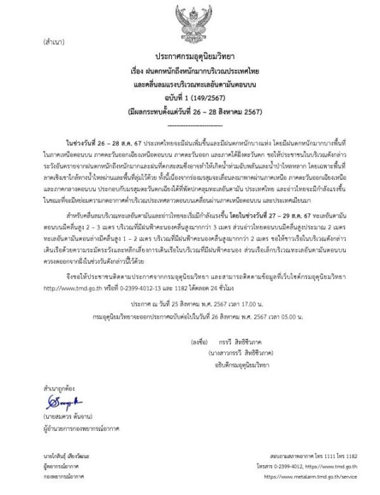 กรมอุตุนิยมวิทยา ประกาศเตือน ฉบับที่ 1 ฝนตกหนักถึงหนักมาก 26-28 ส.ค.นี้
