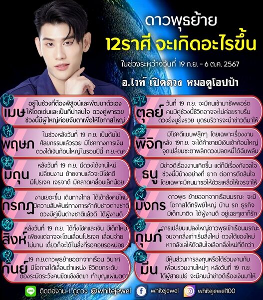 ดวงวันนี้ อ.ไวท์ เผย ดาวพุธย้าย 12 ราศีจะเกิดอะไรขึ้น ราศีใดจุดเปลี่ยนชะตาพลิก ราศีใดมีดวงได้งานใหม่ มีโชคทางการเงิน ดวงคู่พารวย