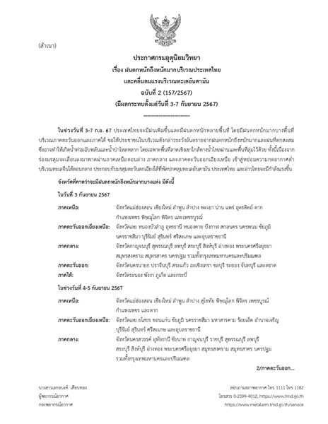 กรมอุตุฯ ประกาศฉบับที่ 2 เตือน ฝนตกหนักถึงหนักมาก 3-7 ก.ย.นี้ ฝนเพิ่มขึ้น เปิดชื่อจังหวัดไหนได้รับผลกระทบ เตรียมรับมือ น้ำท่วมฉับพลันและน้ำป่าไหลหลาก