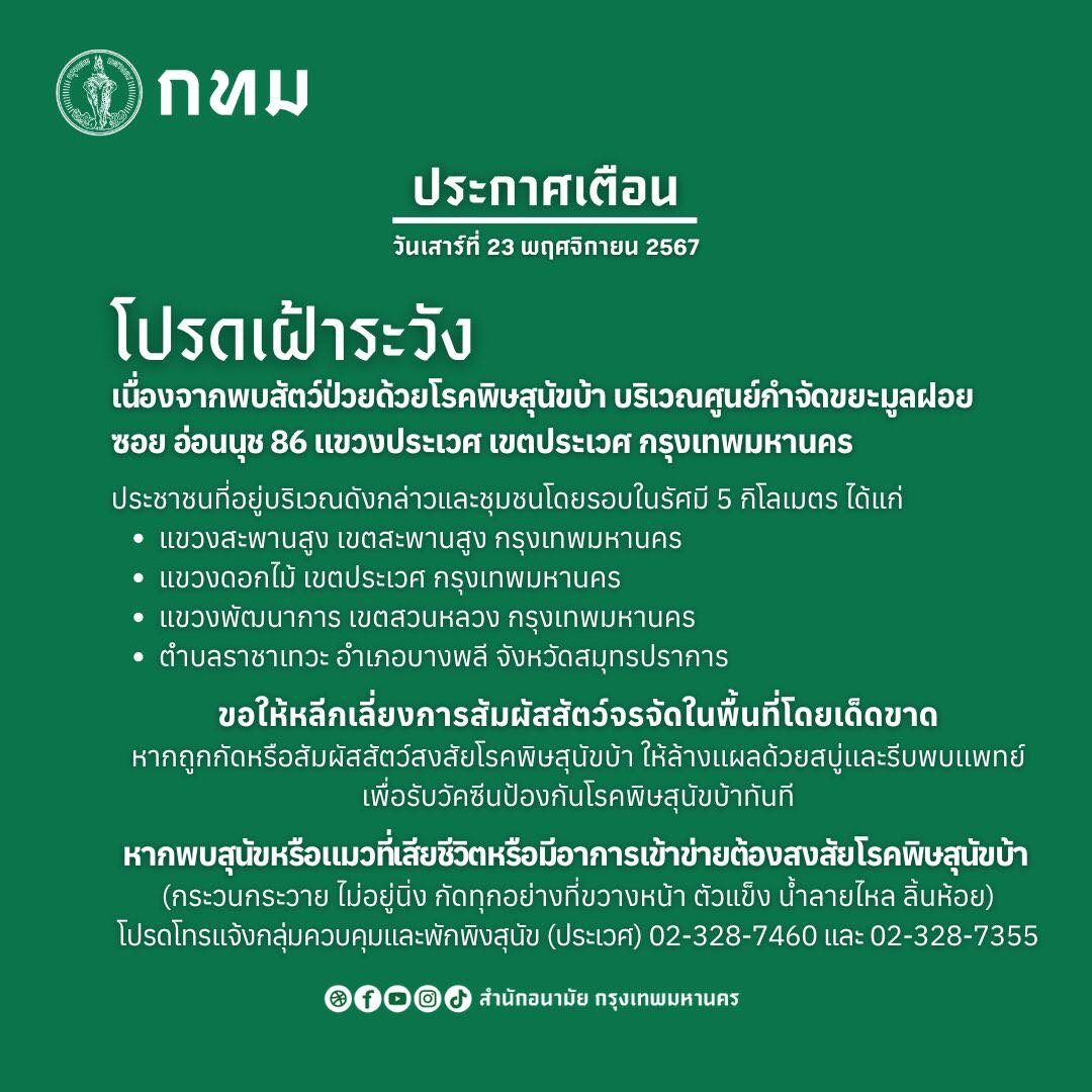 กทม.ประกาศเตือน 4 เขต 1 อำเภอ ระวังพิษสุนัขบ้า เลี่ยงสัมผัสสัตว์จรจัด
