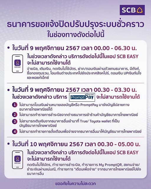 ธนาคารไทยพาณิชย์ ประกาศปิดปรับปรุงระบบแอปพลิเคชัน "SCB EASY" และระบบ "PromptPay" ชั่วคราว 2 วันนี้ เผยช่วงเวลาแก้ไข ใช้งานอะไรไม่ได้บ้าง