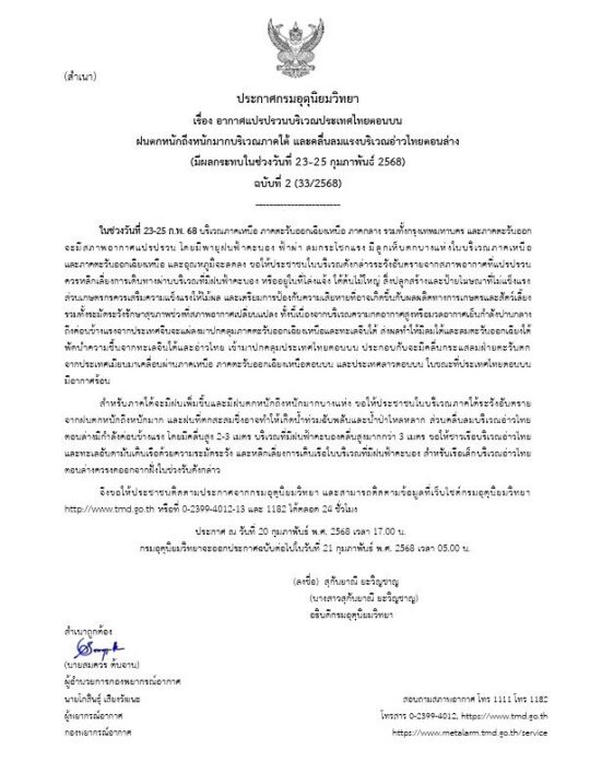 กรมอุตุนิยมวิทยา ประกาศเตือนฉบับที่ 2 อากาศแปรปรวน