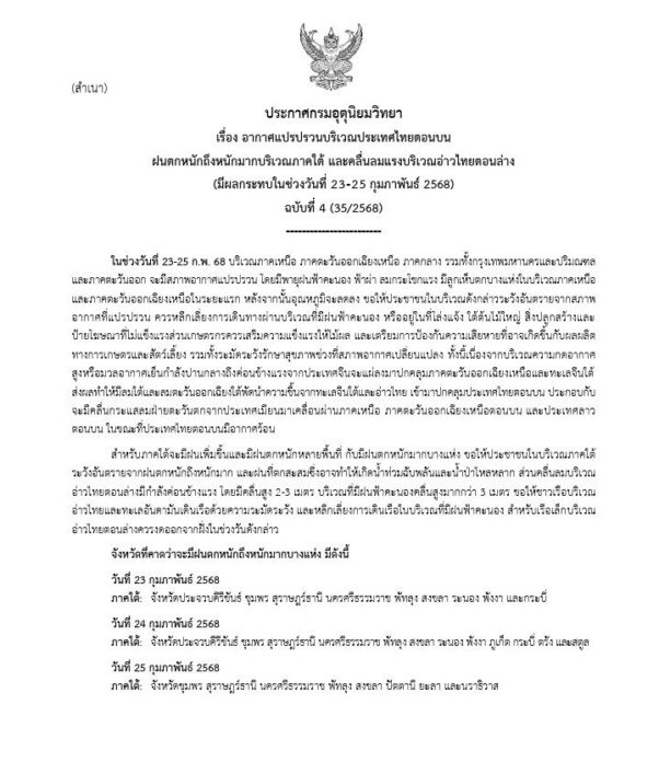 กรมอุตุนิยมวิทยา ประกาศเตือน ฉบับที่ 4 อากาศแปรปรวน