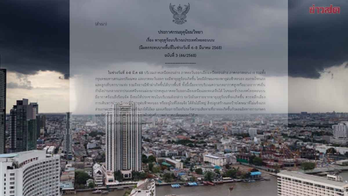 .กรมอุตุฯ ประกาศฉบับ3 เปิดชื่อจังหวัด พายุฤดูร้อนถล่ม ลมแรง ลูกเห็บตก.