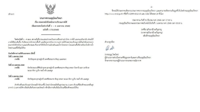 กรมอุตุนิยมวิทยา เตือนฉบับที่ 1 ฝนตกหนักถึงหนักมาก