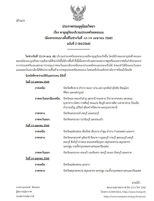 กรมอุตุฯ ประกาศฉบับที่ 2 เปิดชื่อจังหวัดไหนบ้าง พายุฤดูร้อน ถล่มหนัก 12-14 เม.ย.นี้ พายุฝนฟ้าคะนอง ลมกระโชกแรง ลูกเห็บตก ระวังอันตราย