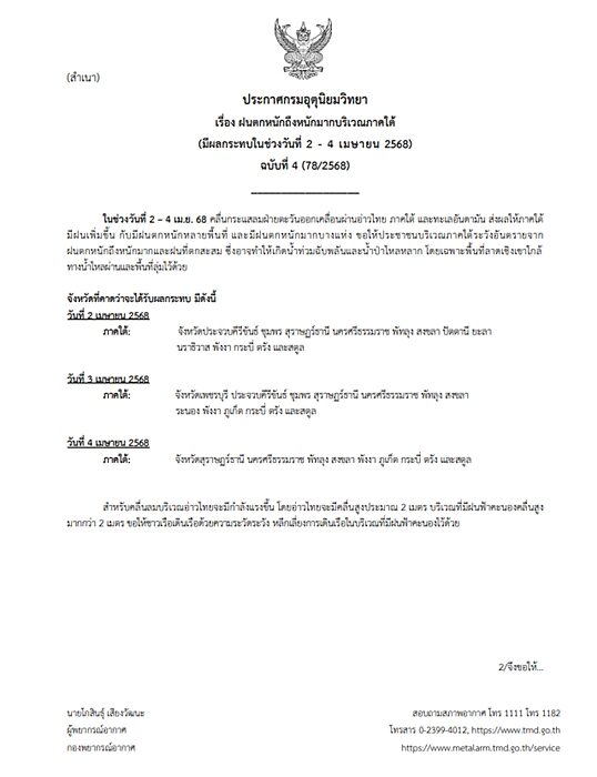 กรมอุตุฯ ประกาศฉบับที่ 4 เตือน ฝนตกหนักถึงหนักมาก เปิดชื่อจังหวัดไหนโดนเต็ม ๆ รับมือฝนเพิ่มขึ้น ระวังอันตราย น้ำท่วมฉับพลันและน้ำป่าไหลหลาก