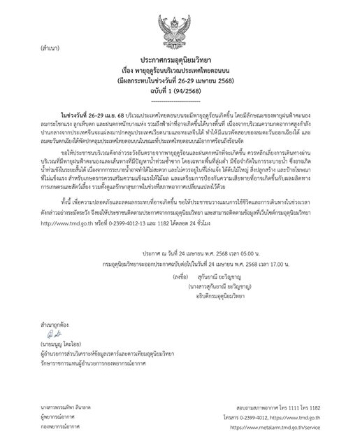 กรมอุตุฯ ประกาศฉบับที่ 1 เตือน พายุฤดูร้อน ถล่มไทยตอนบน ฝนฟ้าคะนอง ตกหนักบางแห่ง ลมกระโชกแรง ลูกเห็บตก ระวังอันตาย น้ำท่วม
