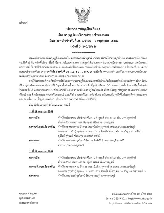 กรมอุตุฯ ประกาศฉบับที่ 9 เตือน พายุฤดูร้อน กระหน่ำไทยตอนบน เปิดชื่อจังหวัดไหนโดนบ้าง ฝนตกหนักบางแห่ง ลมกระโชกแรง ลูกเห็บตก ฟ้าผ่า ระวังอันตราย