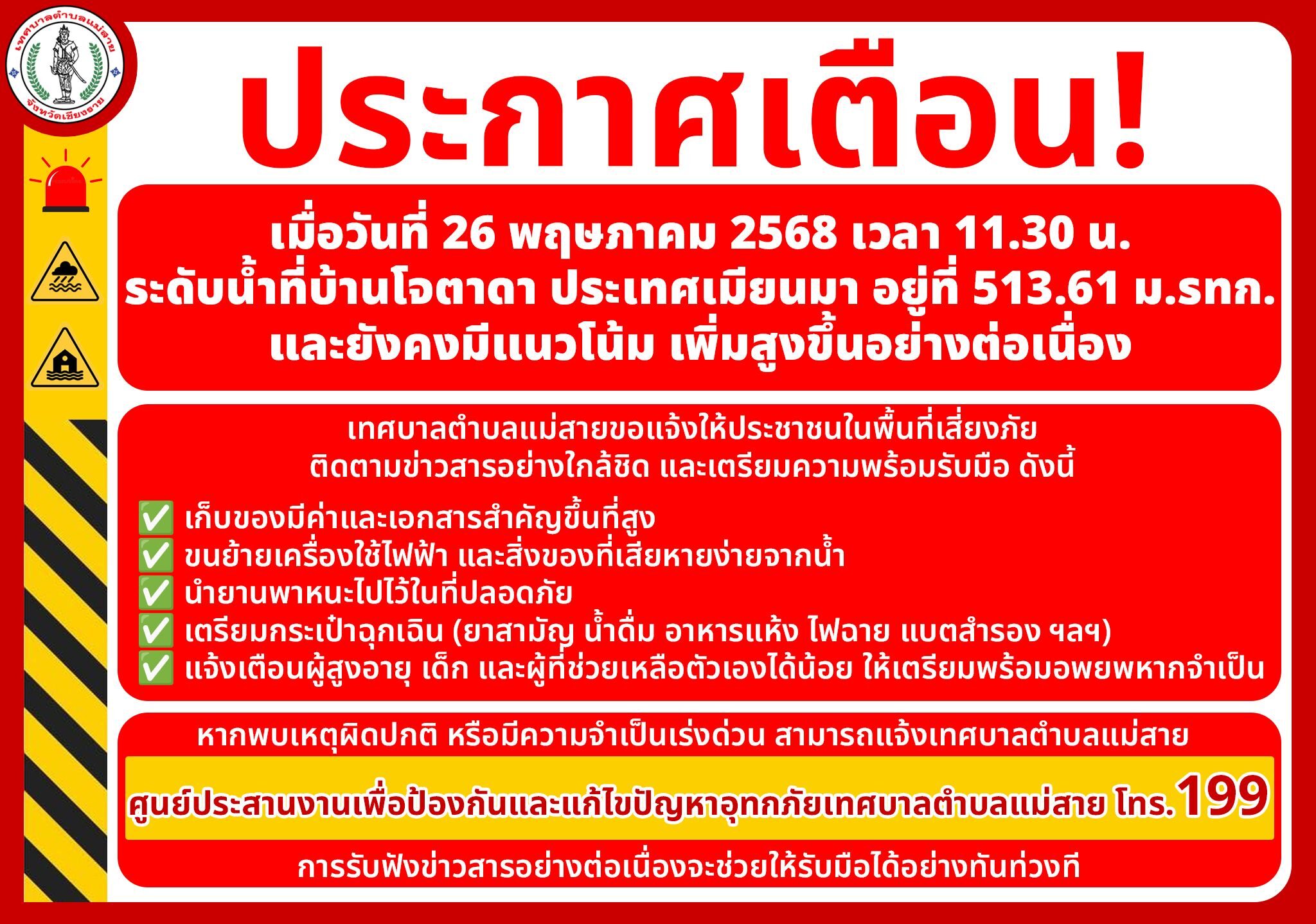 ด่วน! แม่สาย เตรียมขนของขึ้นที่สูง เทศบาลแจ้งเตือนชาวบ้าน พื้นที่เสี่ยง รับมือน้ำท่วม