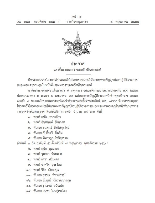 โปรดเกล้าฯ แต่งตั้ง นายทหารราชองครักษ์ในพระองค์ จำนวน 18 นาย ให้ปฏิบัติราชการสนองพระเดชพระคุณในหน้าที่นายทหารราชองครักษ์สืบต่อไปอีกวาระหนึ่ง