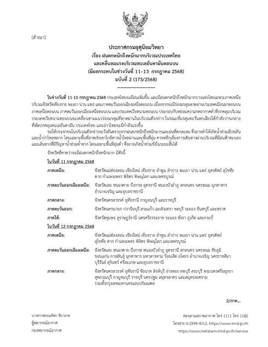 กรมอุตุฯ ประกาศฉบับที่ 2 เตือน ฝนตกหนักถึงหนักมาก 11-13 ก.ค.นี้ เปิดชื่อจังหวัดไหนโดนบ้าง ฝนเพิ่มขึ้น ระวังอันตราย มรสุมกำลังแรง น้ำท่วมฉับพลัน น้ำป่าไหลหลาก