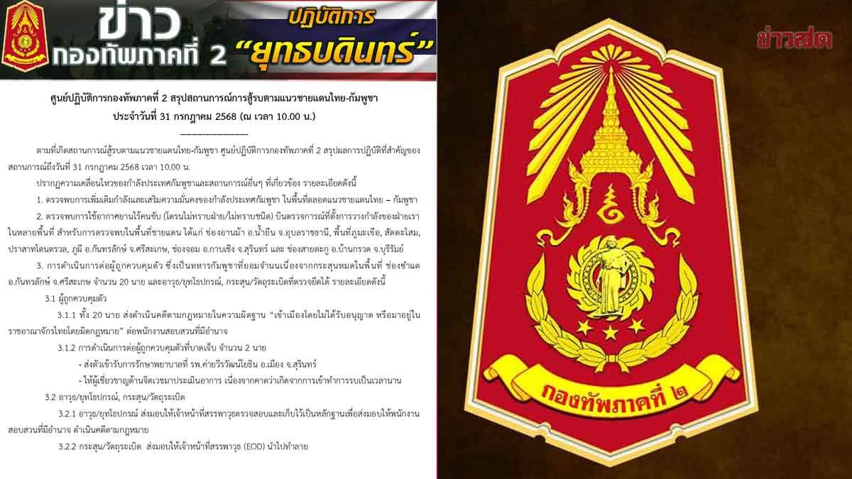 .กองทัพภาค 2 ตรวจพบโดรน-ทหารเขมรเพิ่มกำลังชายแดน ส่งดำเนินคดีเข้าเมืองผิดกม..