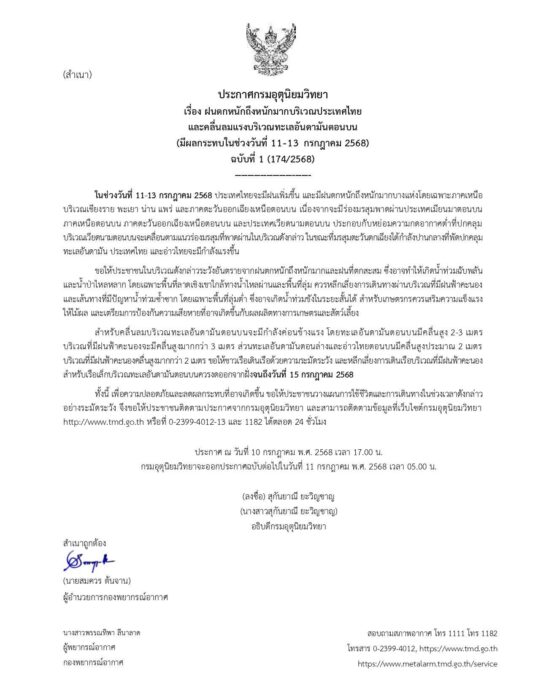 กรมอุตุฯ ประกาศเตือน ฉบับที่ 1 ระวังอันตราย ฝนตกหนักถึงหนักมาก 11-13 ก.ค.นี้ 