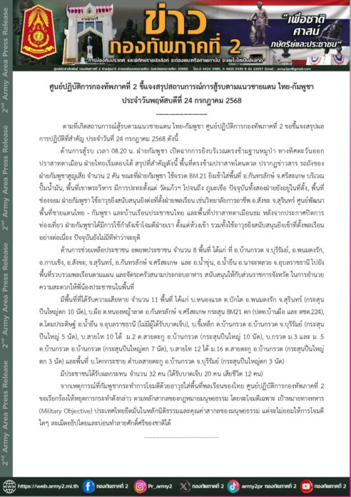 กองทัพภาคที่ 2 สรุปการสู้รบกับทหารกัมพูชา หลังถูกโจมตีต้องตอบโต้