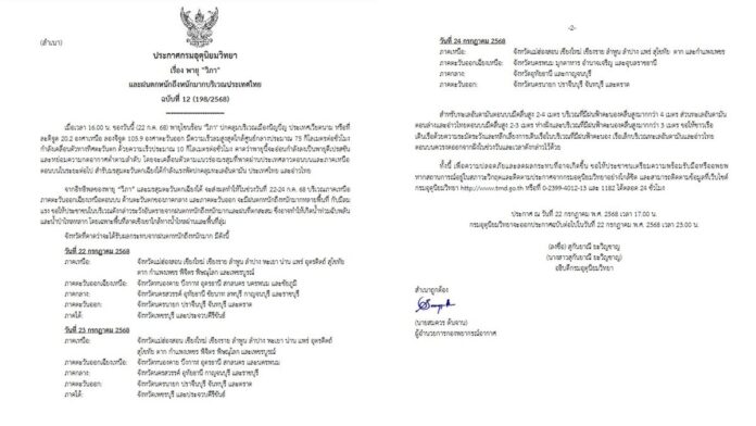 กรมอุตุนิยมวิทยา เตือน พายุวิภา ฉบับ 12  