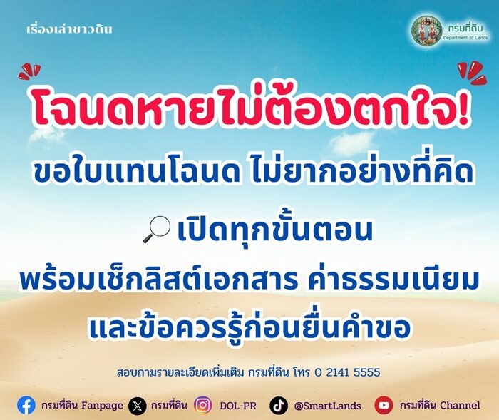 โฉนดที่ดินหาย ไม่ต้องตกใจ กรมที่ดิน เปิดขั้นตอนทำอย่างไร เตรียมเอกสารอะไรบ้าง มีค่าธรรมเนียมเท่าไหร่ เผย กรณีไหนบ้างขอใบทดแทนได้