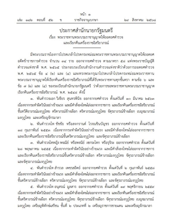 โปรดเกล้าฯ ถอดยศตำรวจ เรียกคืนเครื่องราชอิสริยาภรณ์ จำนวน 34 ราย เนื่องจากกระทำผิดวินัยร้ายแรง ต้องคำพิพากษาถึงที่สุด มีคำสั่งลงลงโทษไล่ออกจากราชการ
