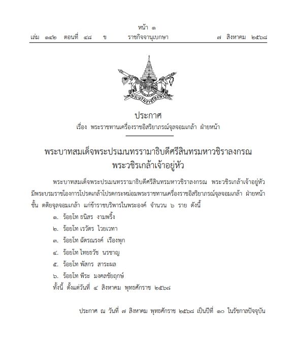 ราชกิจจาฯ เผยแพร่พระบรมราชโองการ โปรดเกล้าฯ พระราชทานเครื่องราชฯ ฝ่ายหน้า ชั้น ตติยจุลจอมเกล้า แก่ข้าราชบริพารในพระองค์ จำนวน 6 ราย
