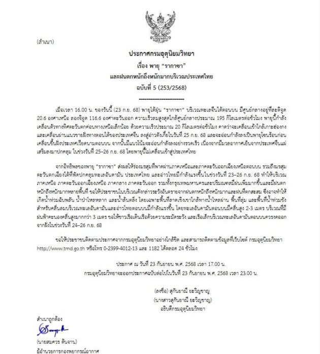 กรมอุตุนิยมวิทยา เตือน พายุไต้ฝุ่นรากาซา ฉบับ 5 พรุ่งนี้ 3 ภาค กทม.หนักสุดๆ 