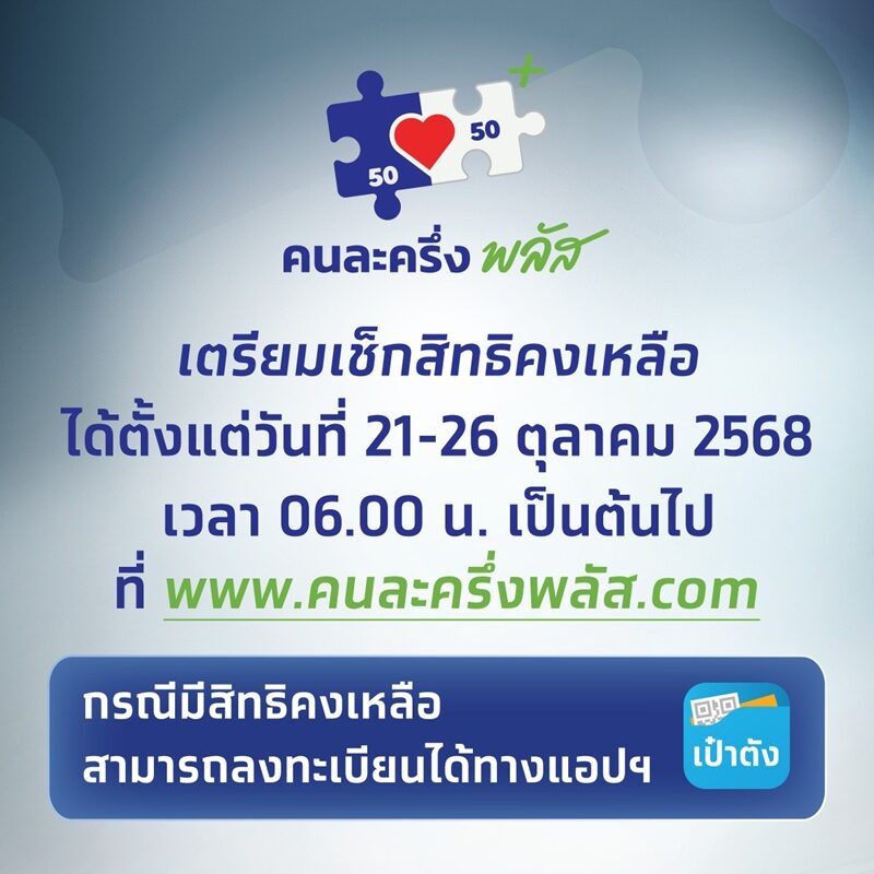 ดูจำนวนสิทธิคงเหลือ คนละครึ่งพลัส ตรวจสอบสิทธิล่าสุดยังมีอยู่กว่า 2 แสนสิทธิ ใครยังไม่ลงทะเบียนรีบเลย ที่เว็บไซต์ www.คนละครึ่งพลัส.com 