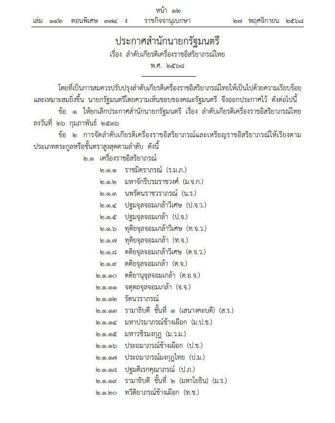 ราชกิจจาฯ ประกาศ สำนักนายกรัฐมนตรี ลำดับเกียรติเครื่องราชอิสริยาภรณ์ไทย และเหรียญราชอิสริยาภรณ์ พ.ศ. 2568