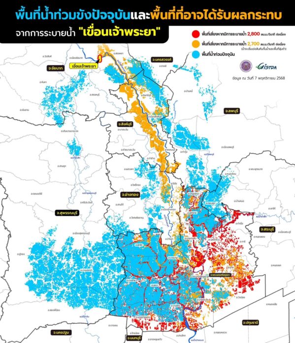 จิสด้า เปิดพื้นที่เสี่ยงน้ำท่วม เขื่อนเจ้าพระยา ระบายน้ำ พื้นที่ส้ม-แดง เตรียมขนของขึ้นที่สูง