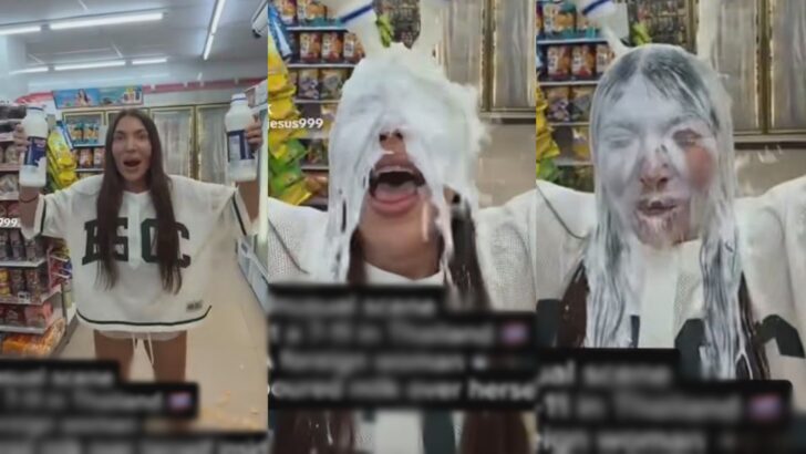 Tourist slammed after pouring milk, snacks over herself in Thai 7-Eleven