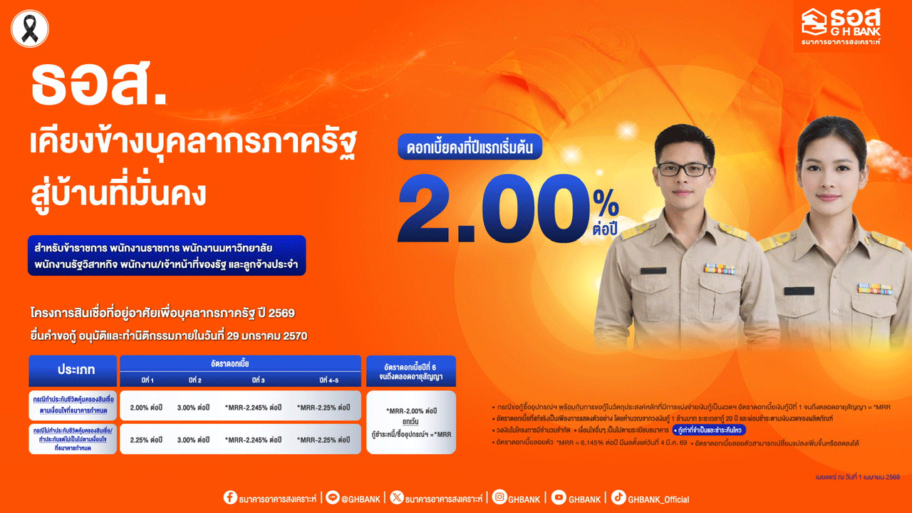 ธอส. เปิดสินเชื่อบ้านข้าราชการปี 69 ดอกเบี้ยเริ่ม 2% ผ่อนเริ่ม 3,100 บาท นานสูงสุด 40 ปี