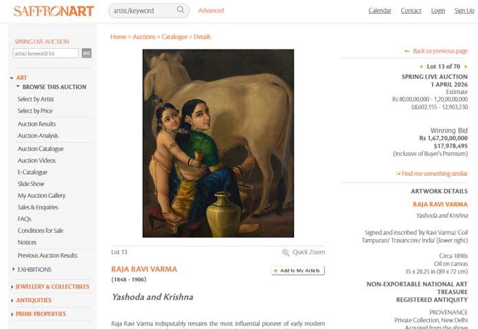 ภาพวาดของ “ราชา รวิ วรรมา” - ภาพวาดดังกล่าวถูกซื้อโดยนักธุรกิจมหาเศรษฐี ไซรัส ปูนาวัลลา ผู้ก่อตั้งและกรรมการผู้จัดการของสถาบันเซรัมแห่งอินเดีย หนึ่งในผู้ผลิตวัคซีนรายใหญ่ที่สุดของโลก ในแถลงการณ์ที่เผยแพร่โดย Saffronart ปูนาวัลลาได้กล่าวถึงผลงานชิ้นนี้ว่าเป็น "สมบัติของชาติ" และเสริมว่า "สมควรที่จะเปิดให้ประชาชนได้ชมเป็นระยะ" เขากล่าวว่า "ผมจะพยายามอำนวยความสะดวกในเรื่องนี้ต่อไปในอนาคต"