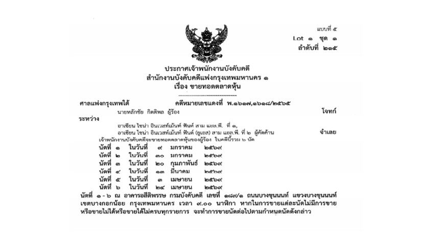 ประกาศ จพค. เรื่องขายทอดตลาดหุ้น บมจ. ไทยฮั้วยางพารา ของนายหลักชัย กิตติพล