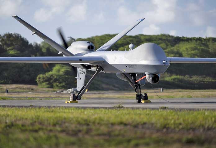 ภาพถ่ายเครื่องบิน MQ-9 Reaper ในอ่าว Kaneohe รัฐฮาวาย สหรัฐอเมริกา เมื่อวันที่ 7 สิงหาคม 2024