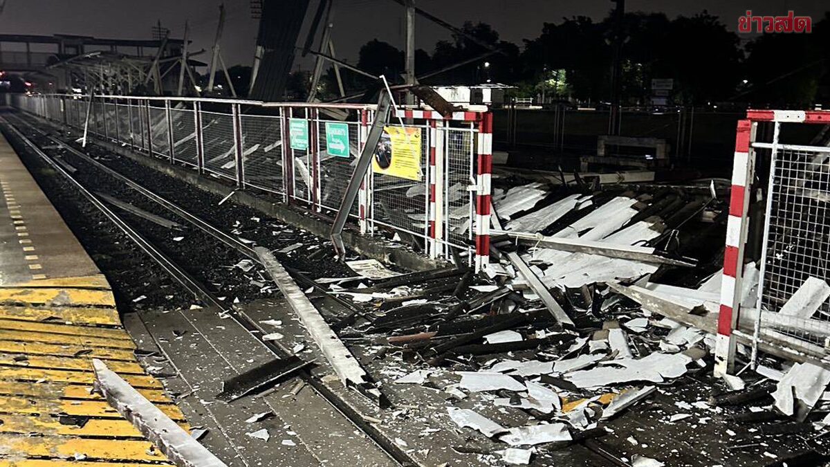 พายุฤดูร้อนซัดถล่ม หลังคาชานชาลาสถานีโคราชเละทั้งแถบ การรถไฟเร่งซ่อมแซม